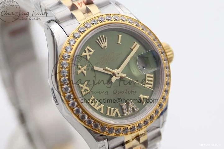 1219 Bright Lady DateJust 28 SS YG TWF Diamonds Bezel 1:1 Best Edition Green Dial Roman Markers on Jubilee Bracelet NH 2135